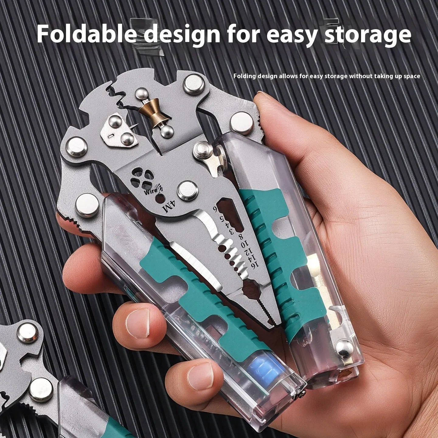 Thickened multi-functional electric wire stripper and pointed pliers tool on a workbench.
