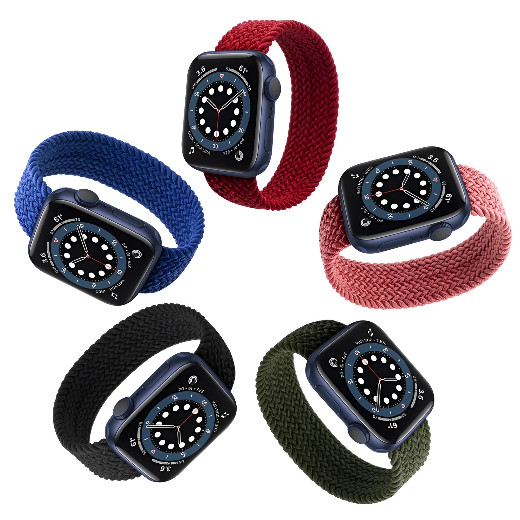 Woven nylon Apple Watch strap in five colours with plastic connector for series 1-6 compatibility