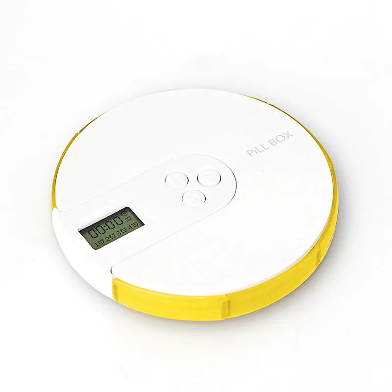 Seven-compartment alarm clock pill dispenser with display, slim 2 cm profile, shown in blue colour option