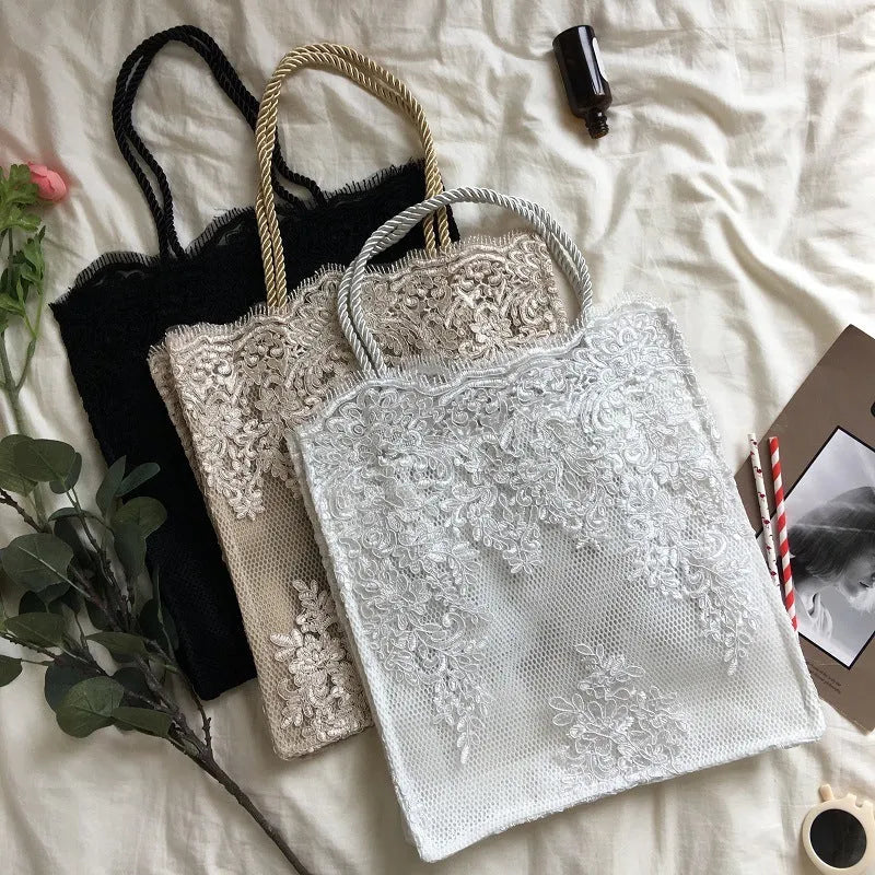 Handmade double layer lace shopping bag in black colour, small size