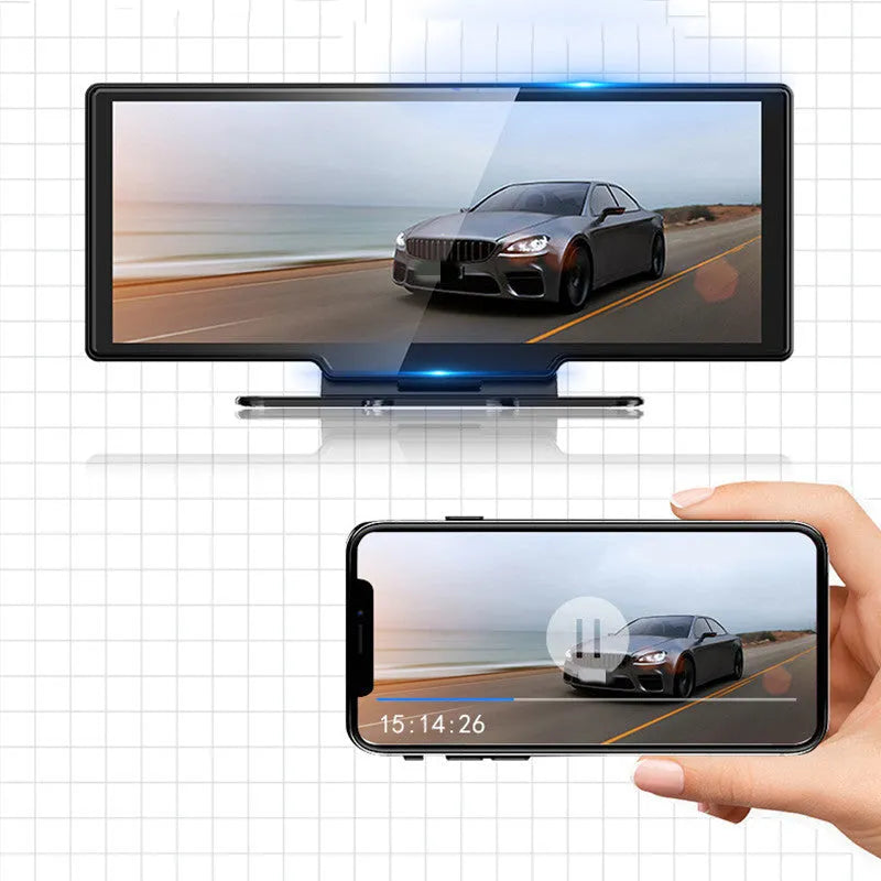 2.5K 11-inch black dash cam with 170° wide angle lens on dashboard