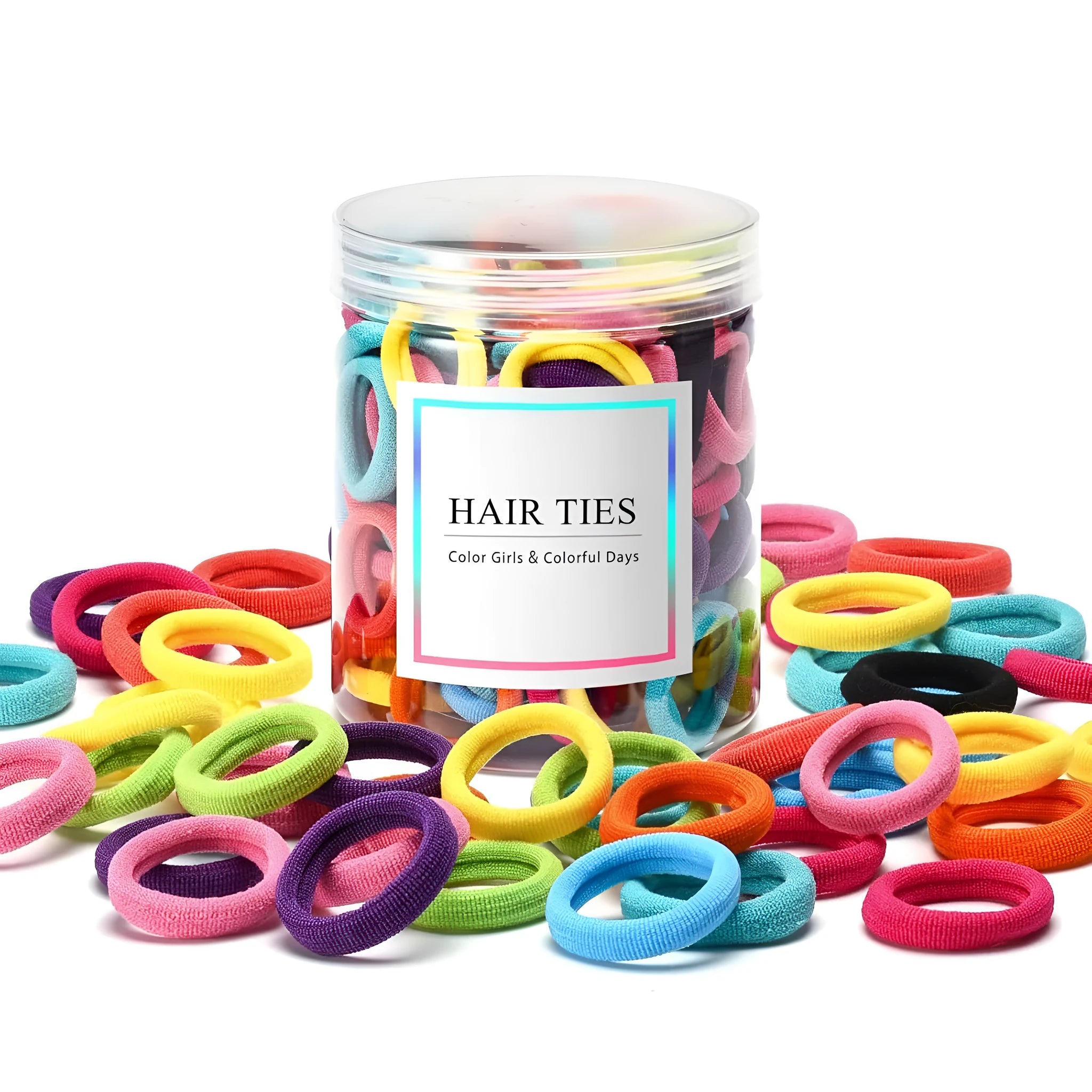 100-piece set of multicolour seamless cotton baby hair ties in small jar packaging