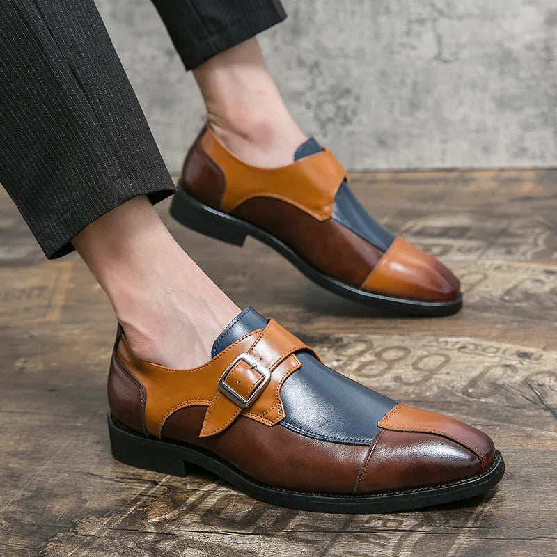 Men's brown-blue retro buckle casual shoes with a tall crown upper.