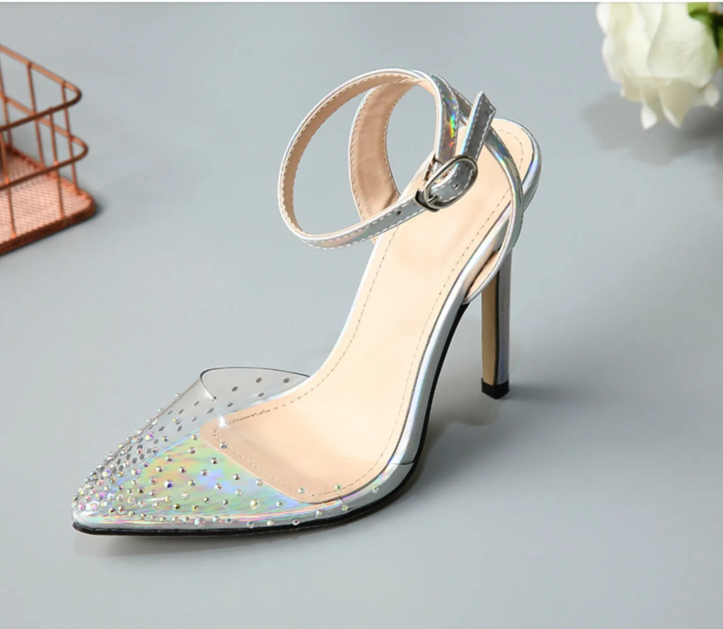 Women's pointed toe PVC sandals with diamond detail and a stiletto heel, shown in available sizes.