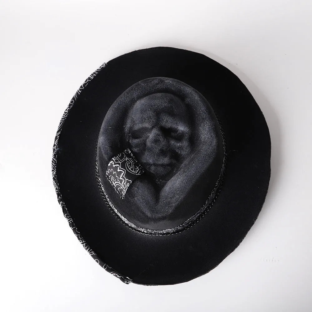 Handmade wool felt conical crown skull hat in denim style for Halloween