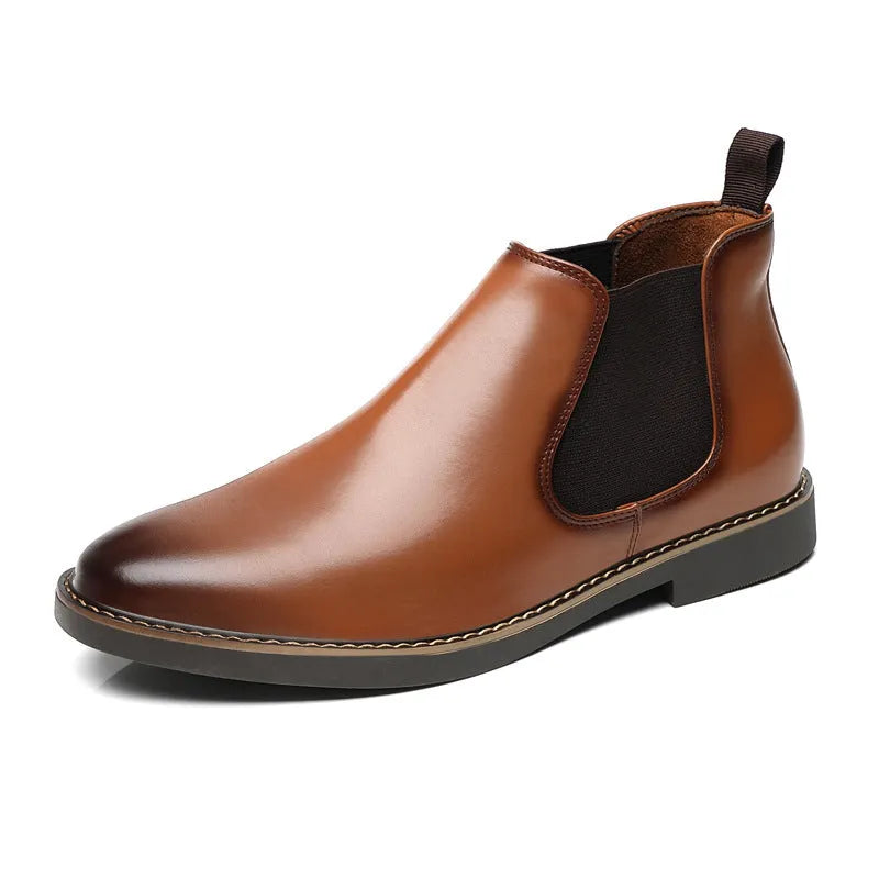 Men's formal black leather pointed-toe boots with a square heel on a white background