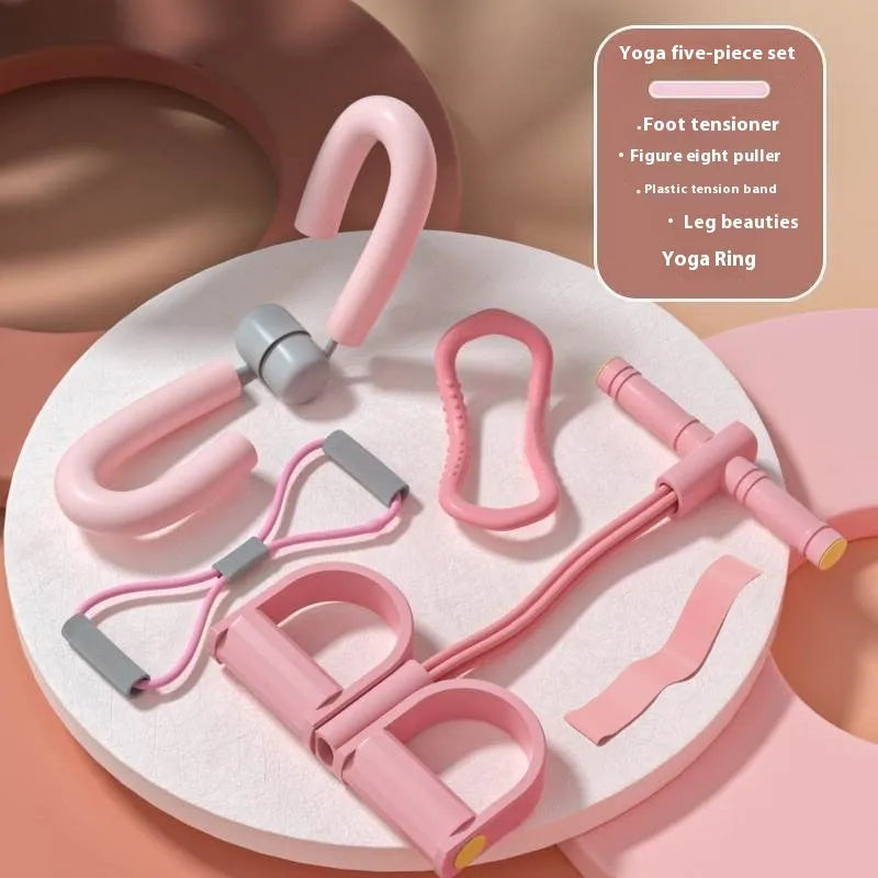 Yoga four-piece set showing a leg beauty device, yoga ring, pedal tension device, and figure eight tension rope.
