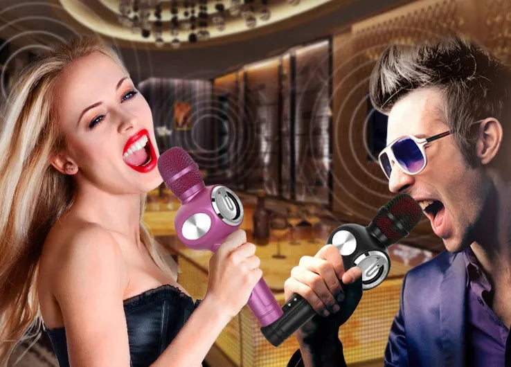 Yaerjia E108 mobile microphone karaoke system with integrated speaker in black, gold or pink colour options