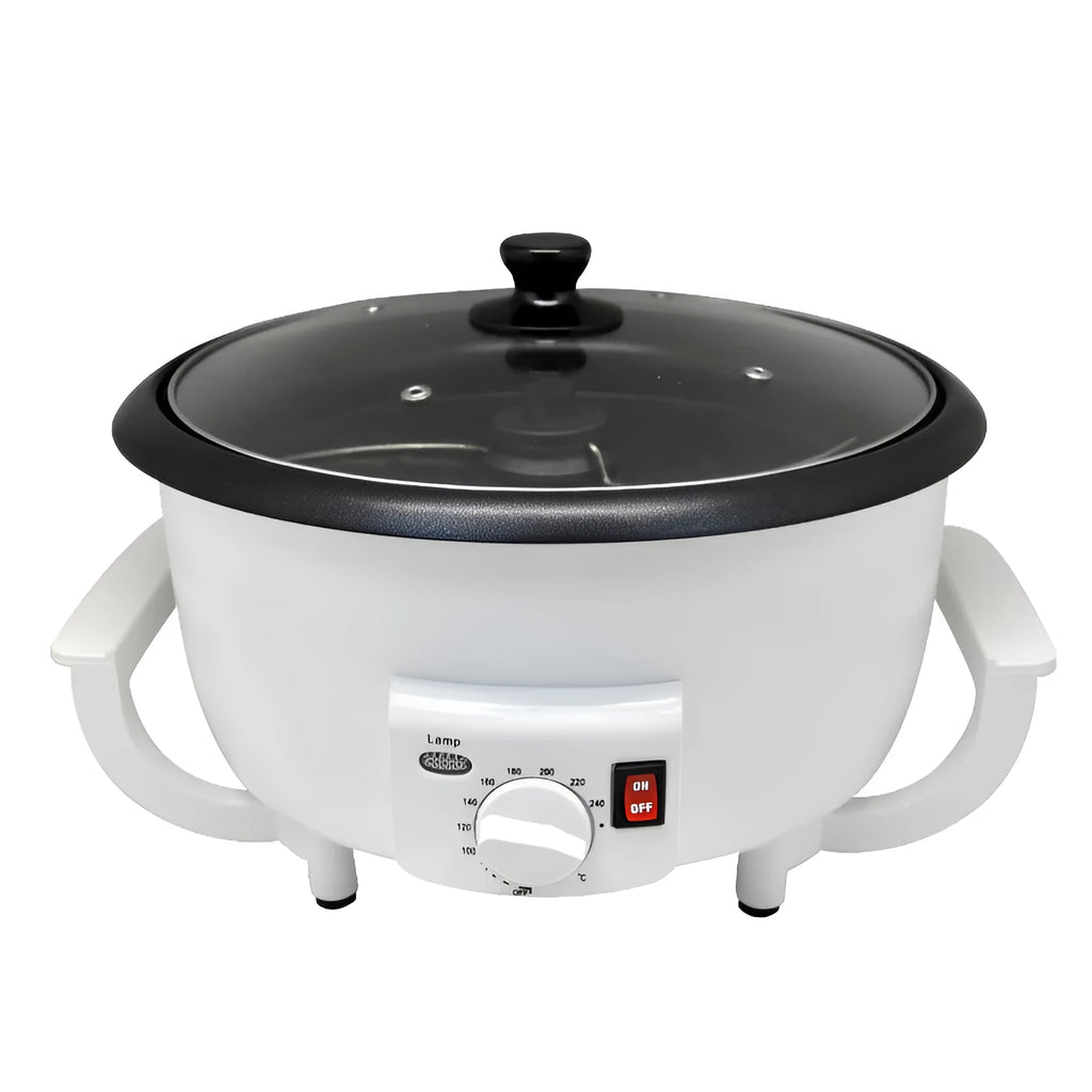 White oblate home coffee bean roasting machine with 750g capacity.