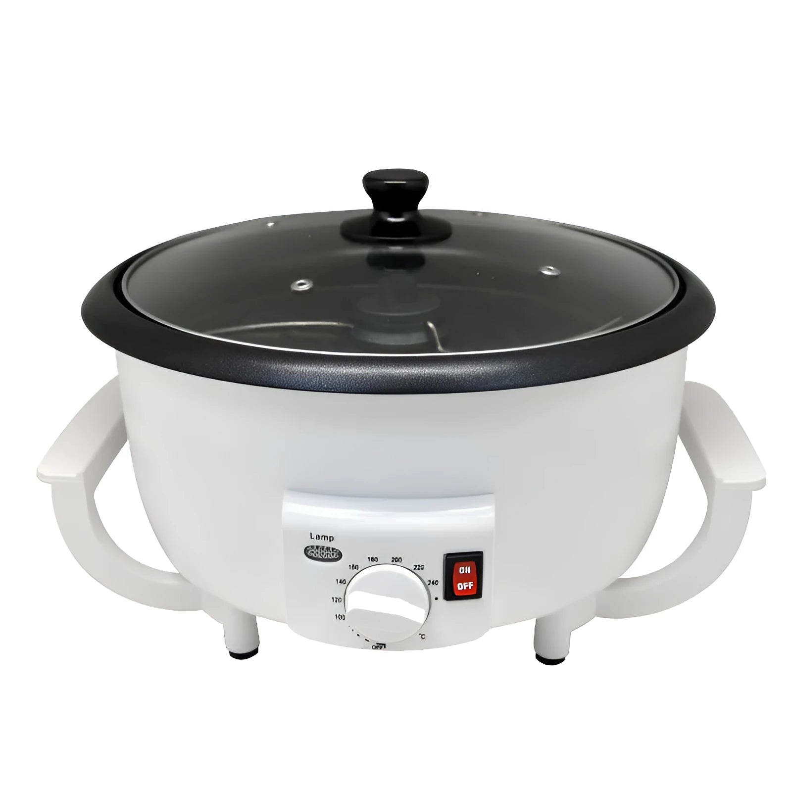 White oblate home coffee bean roasting machine with 750g capacity.