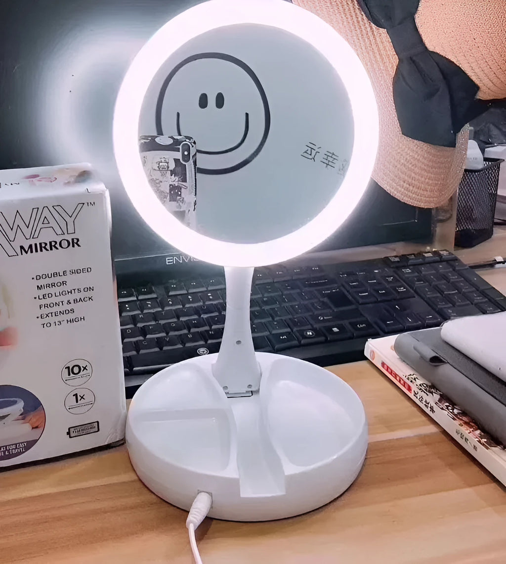 White foldable double-sided LED vanity mirror with USB charging port and storage compartments