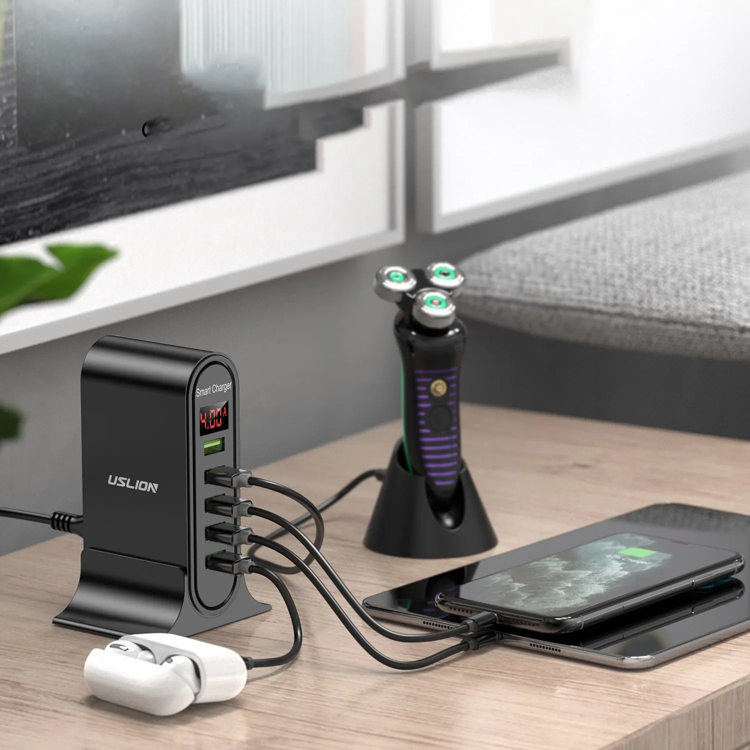 Smart LED digital display USB wall charger in black or white with EU, UK, or US plug options.
