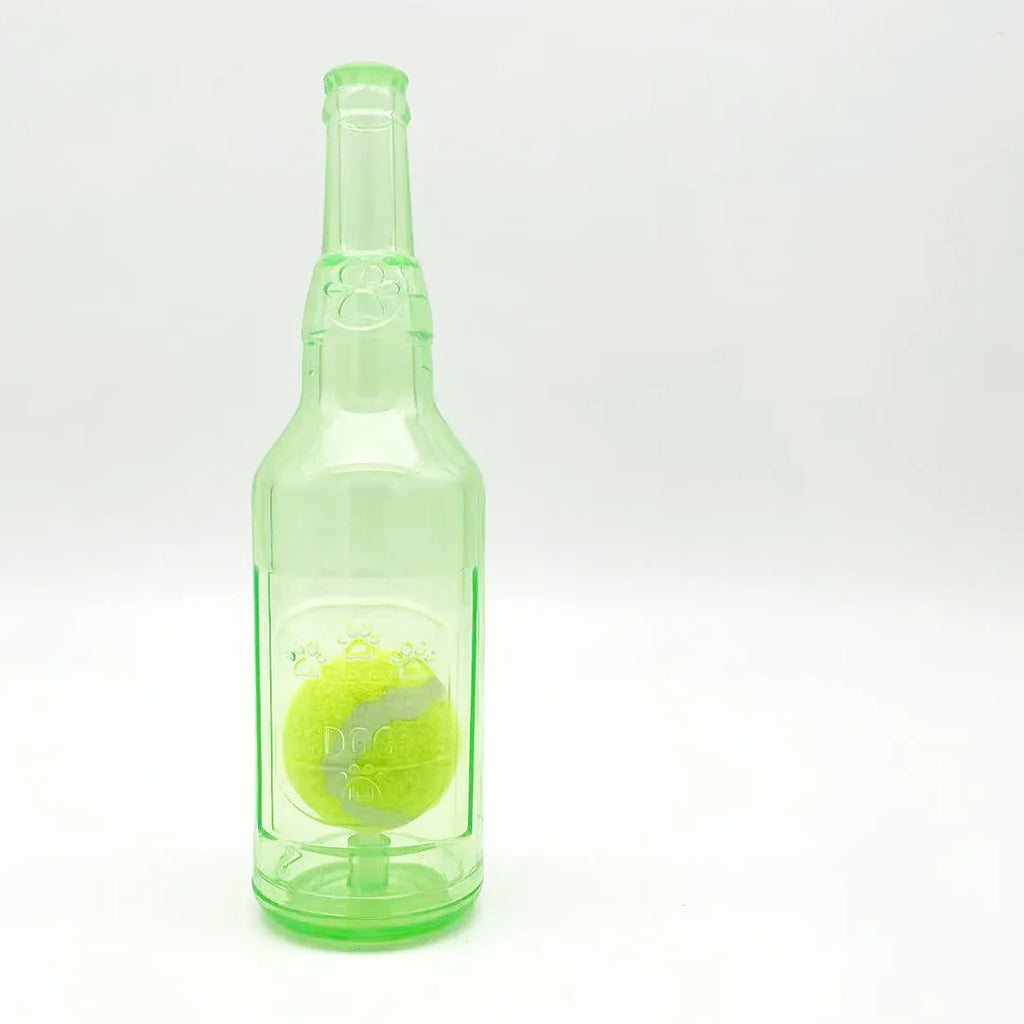 Blue green red natural rubber dog water bottle chew toy with squeaker floating in water