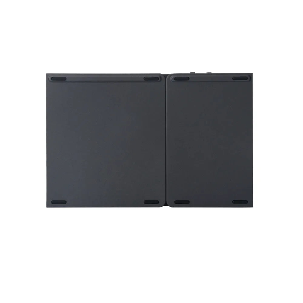 Black tri-fold folding Bluetooth keyboard with built-in touchpad, shown both folded and unfolded