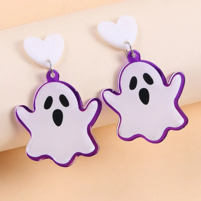 European American Halloween acrylic earrings with bat pumpkin ghost geometric design