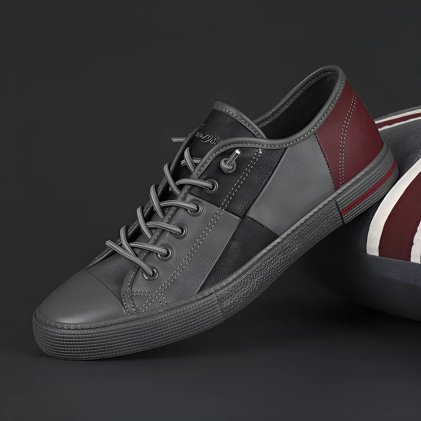 Men's leather shoes with elastic band fastening in black and white colour combination with rubber soles