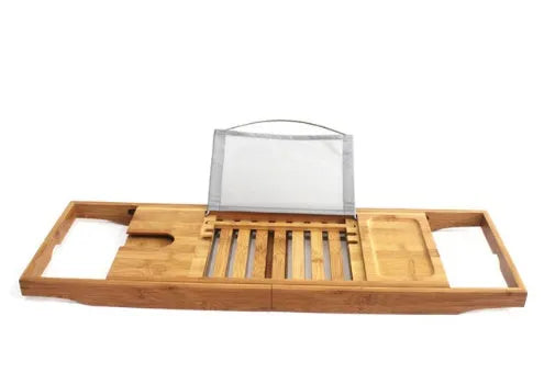 Natural bamboo bathtub caddy with single-tier desktop design for bathroom storage