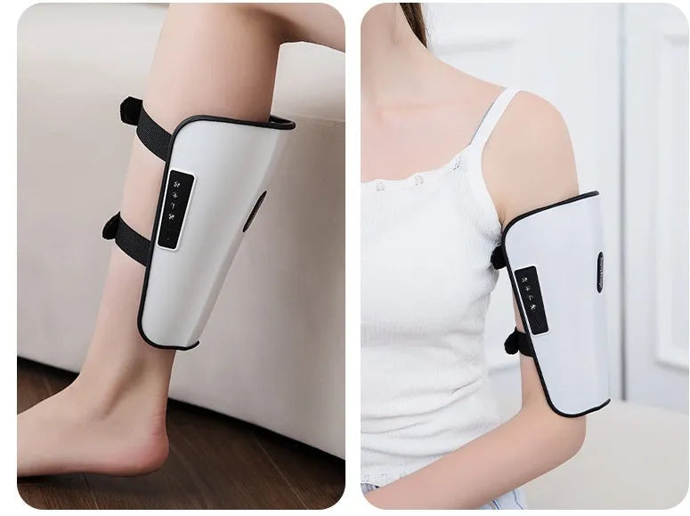 White plastic calf massager with mechanical controls and USB Type-C connection port