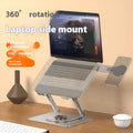 Silver carbon steel laptop stand with a rotating arm and magnetic mobile phone holder.