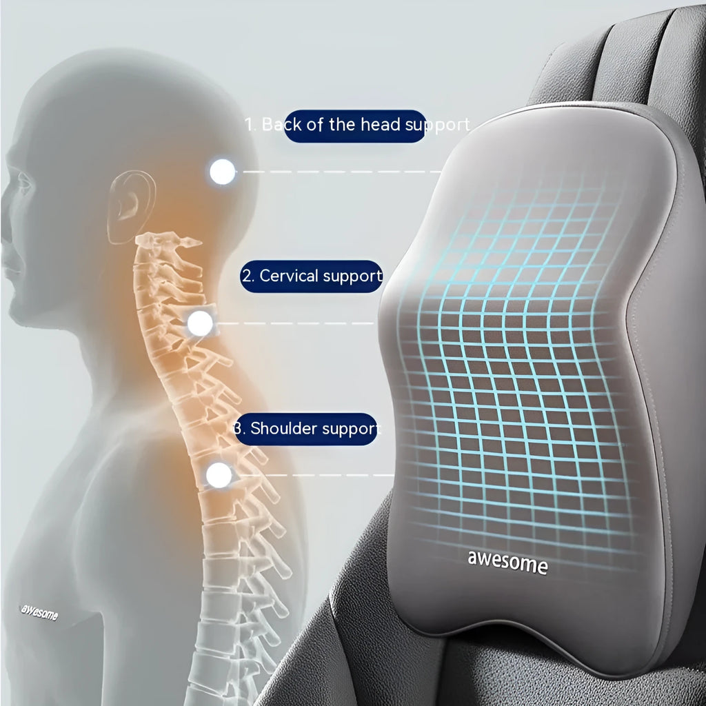 Car headrest pillow and lumbar support pillow set in memory foam with cotton cover.