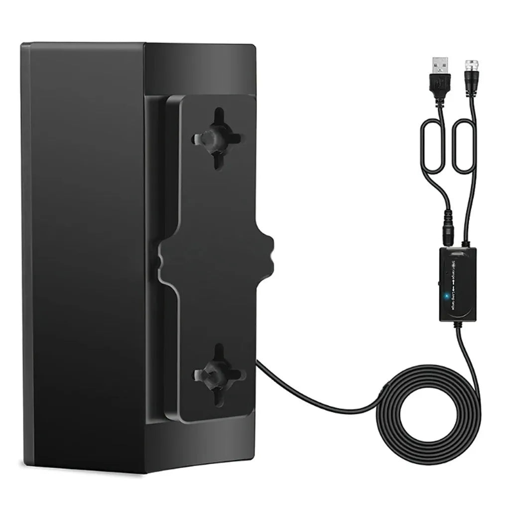 Black plastic indoor HD television antenna with mounting hardware including expansion tubes, screws, cable ties, and adhesive tape