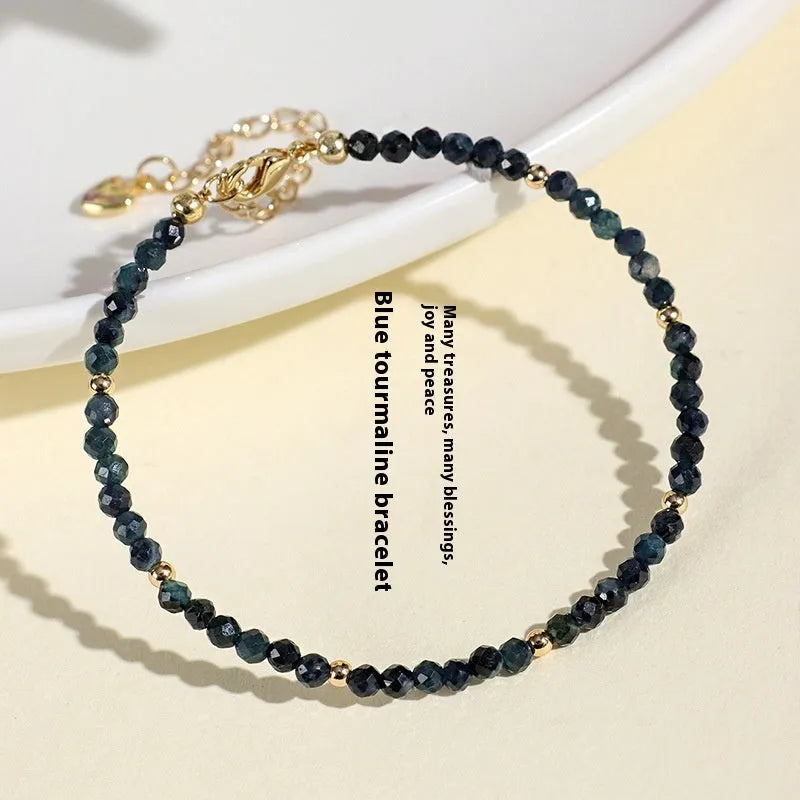 Blue tourmaline beaded bracelet with 3mm gemstone beads and spacer bead design
