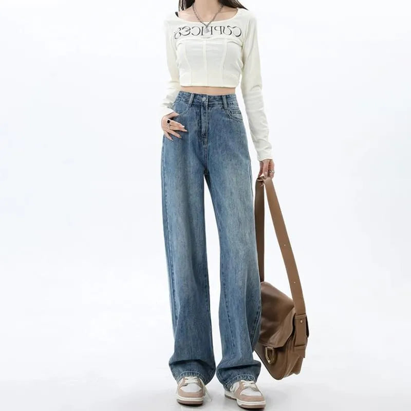 Women's retro blue wide leg jeans with high waist and straight leg design on hanger