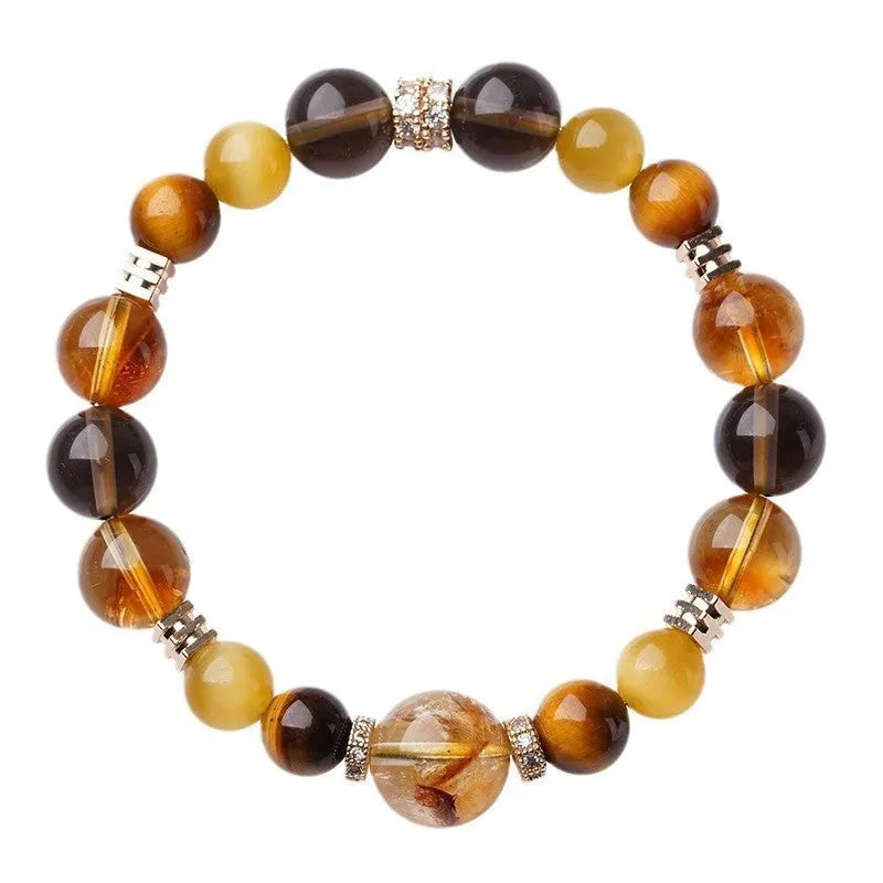 Yellow Tiger-eye crystal bracelet with 10mm geometric tower beads on wrist
