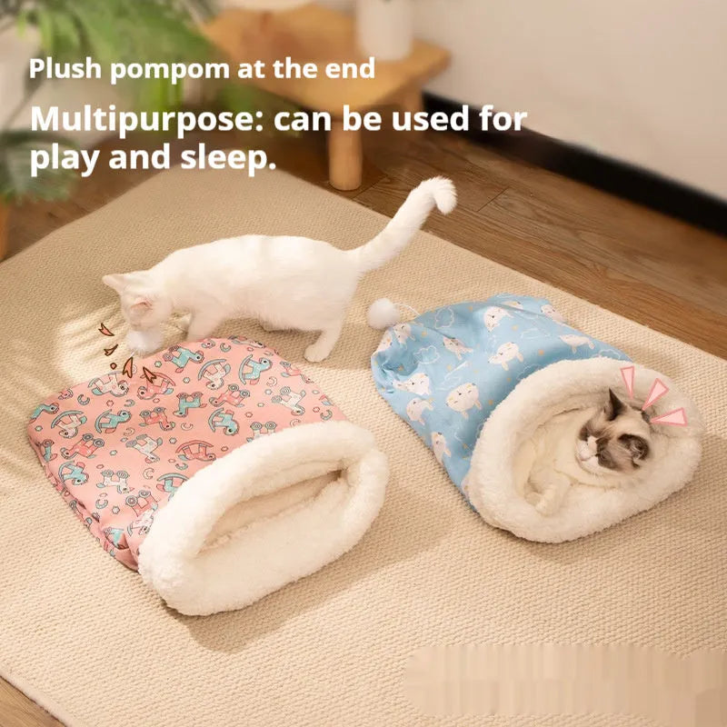 Flannel cat sleeping bag nest in blue rabbit pattern, shown next to pink and striped options.
