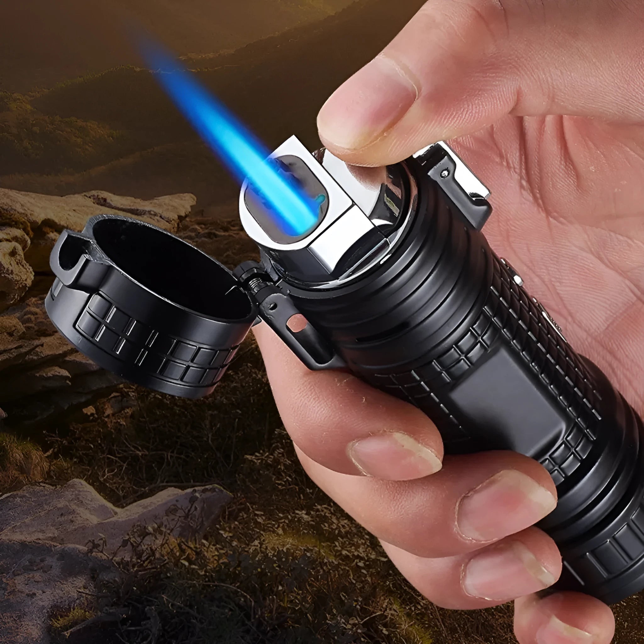 TH727 metal multifunctional flashlight lighter shown in camouflage, red, black, blue, and yellow colour options.