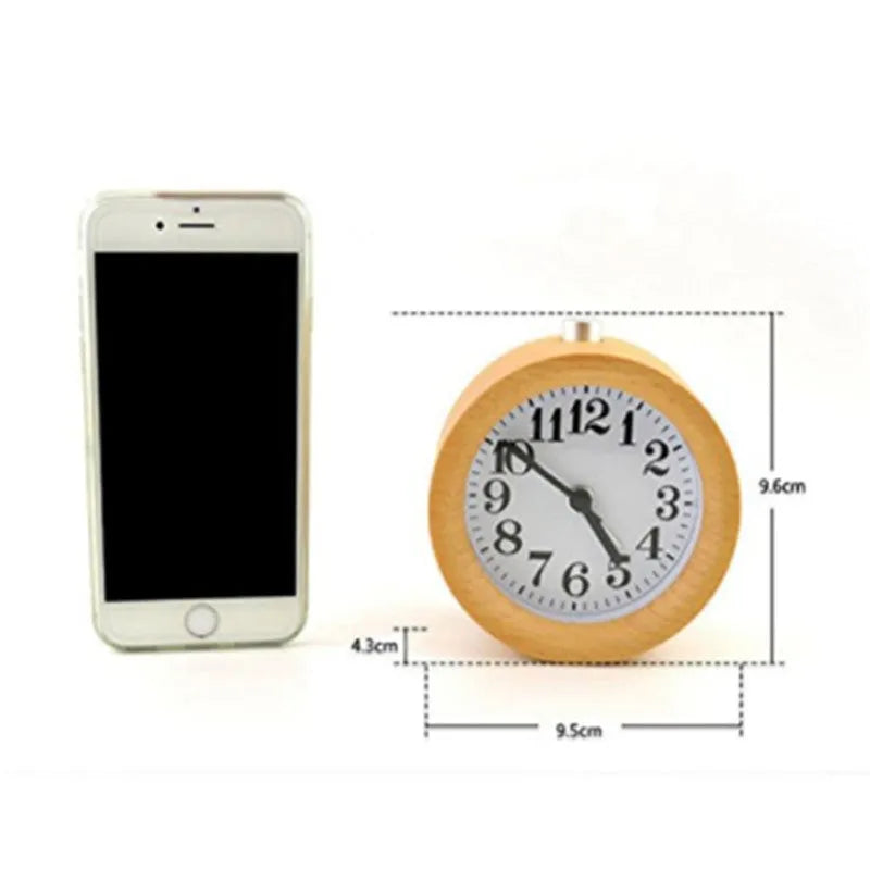Solid beech wood square alarm clock with silent quartz movement measuring 9.5cm