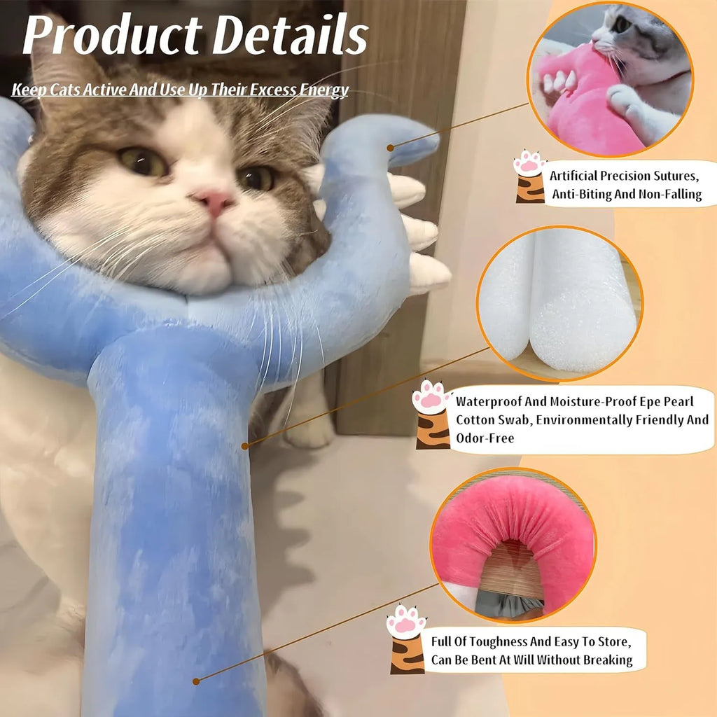 Blue plush cat wand toy with 70cm length showing soft exterior and foam-filled head section