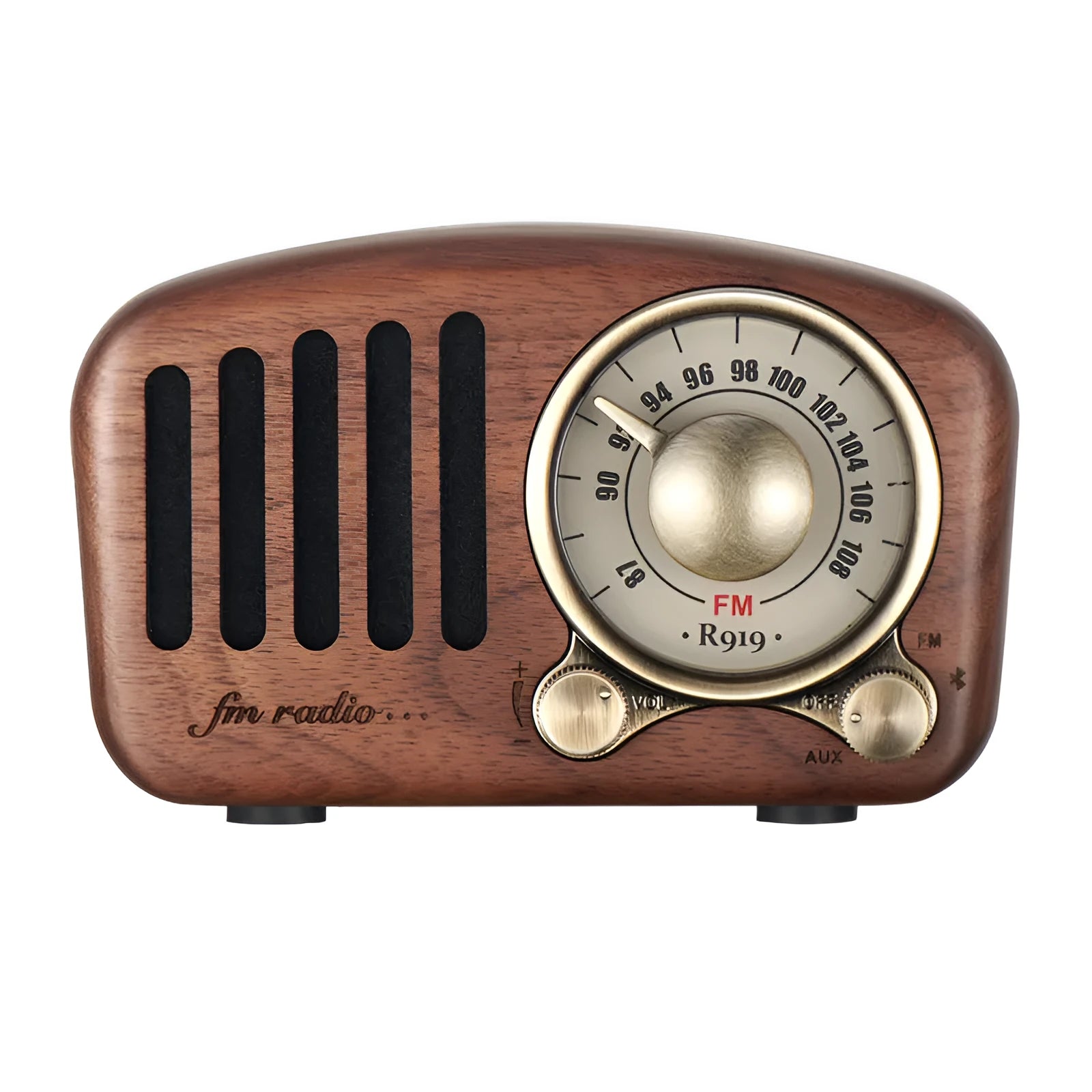 Retro wooden mini Bluetooth speaker in cherry wood finish on a table.