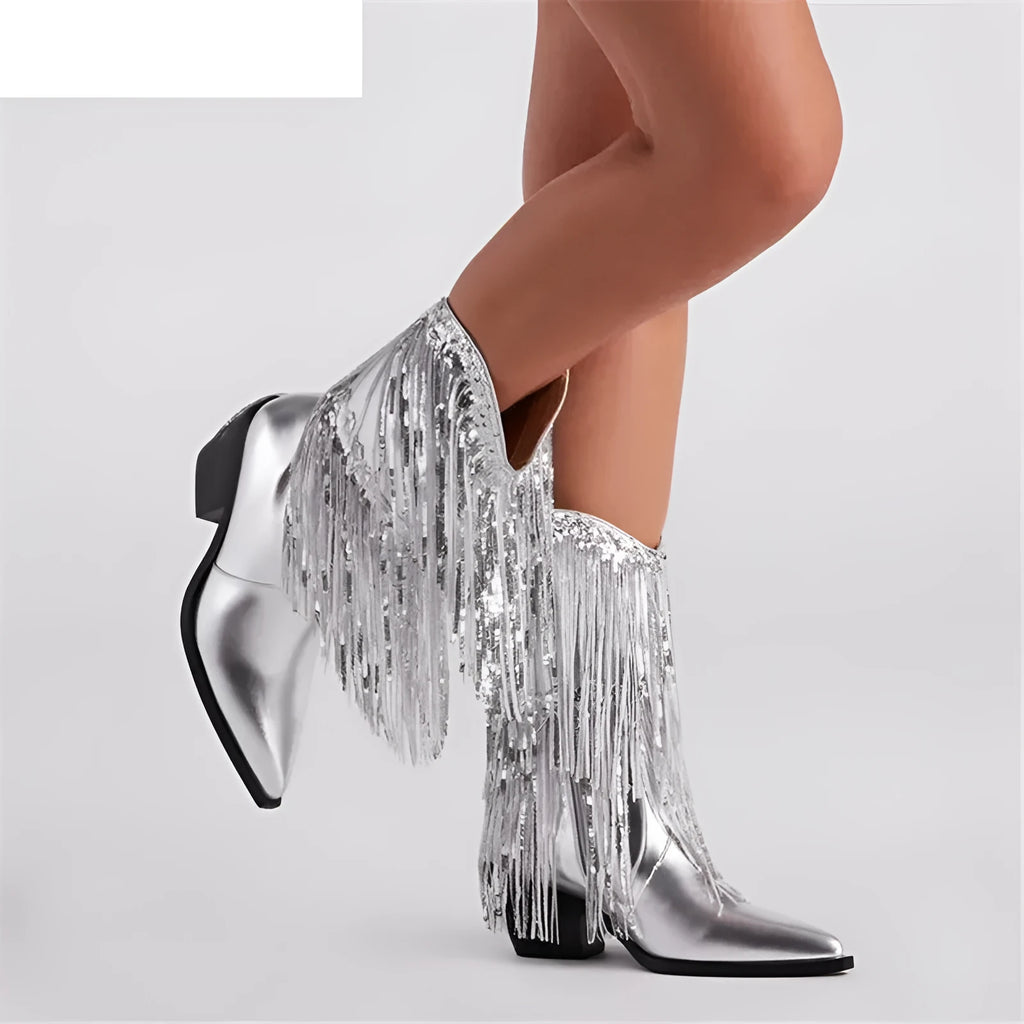 Women's black chunky heel tassel boot with a stiletto heel over 8cm and a mid-calf PU upper.