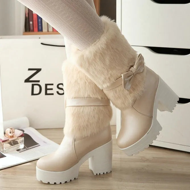 Women's thick heel snow sweet bow boots in beige with chunky heel, waterproof platform, and bow detail on artificial PU upper