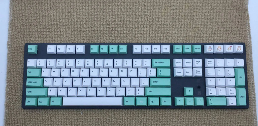 PBT thermal sublimation keycap set showing Japanese Russian Korean multilingual layouts with colour options