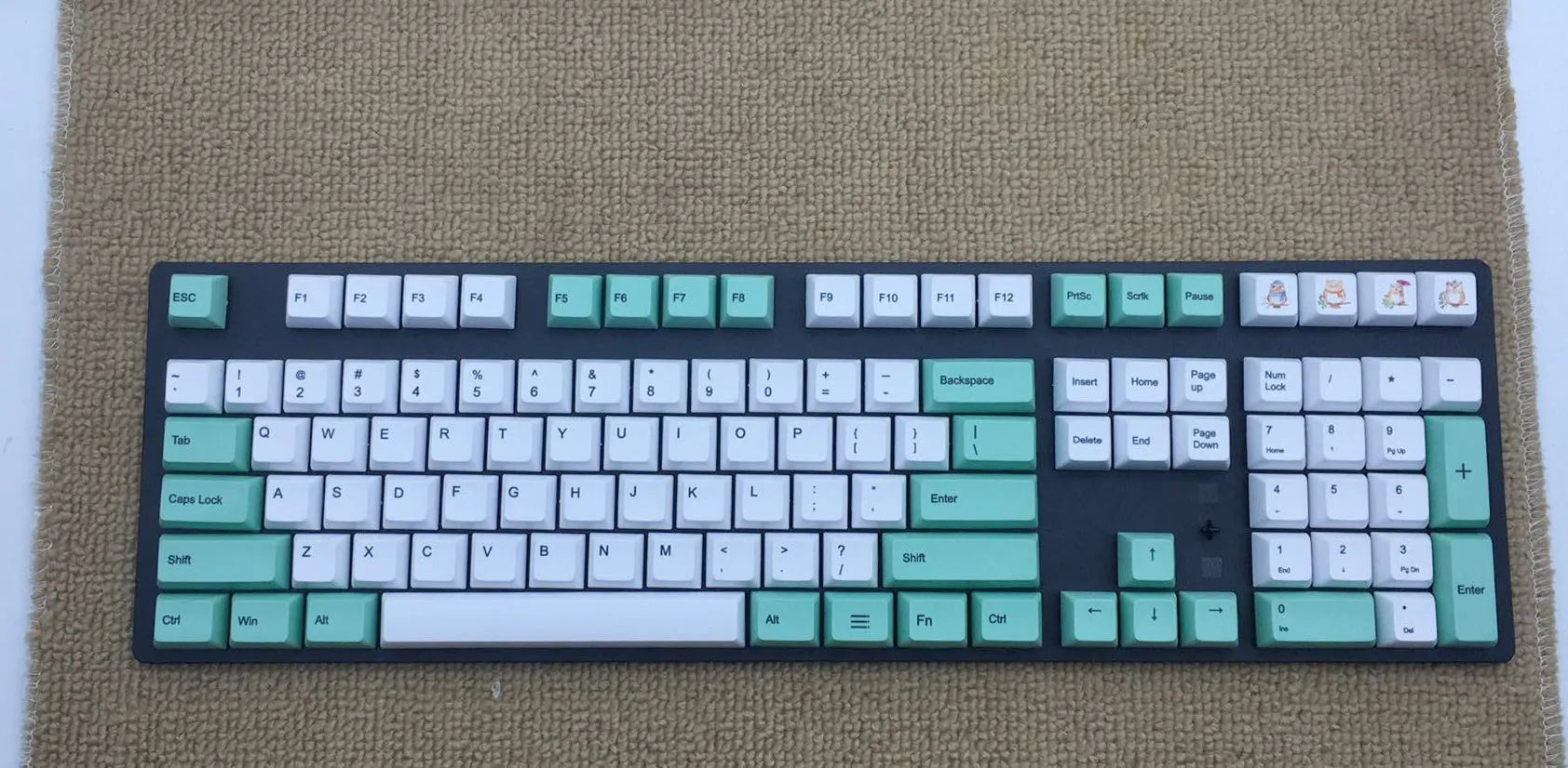 PBT thermal sublimation keycap set showing Japanese Russian Korean multilingual layouts with colour options