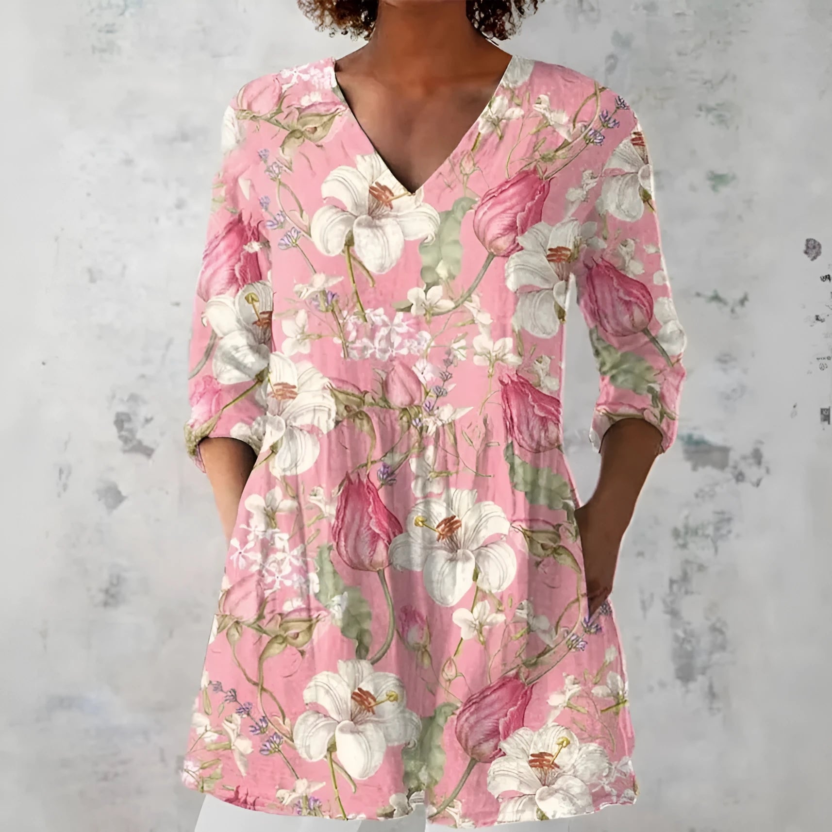 Women's retro style slim fit long-sleeved top with a printed design, shown in one of 12 available colours.