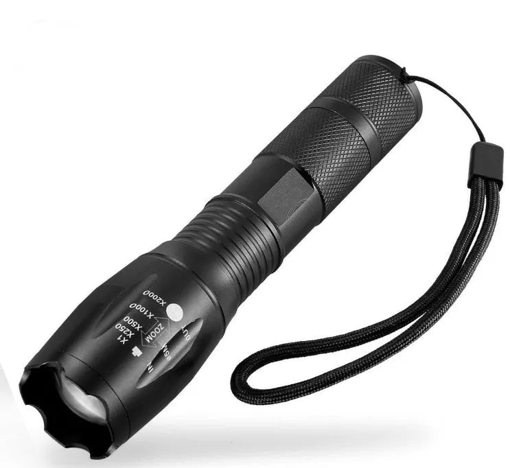 Black aluminium alloy LED zoom flashlight with adjustable focus head on a dark background.