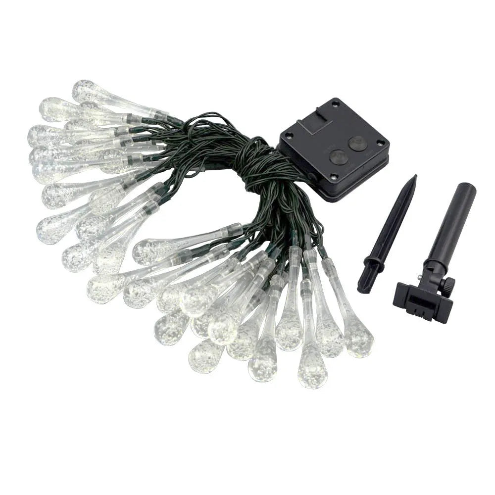 30 LED solar outdoor string lights with water drop pendants on 6.5m cable with ground spike