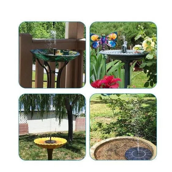 Black solar-powered floating fountain pump with four different nozzles on a 16cm square base.