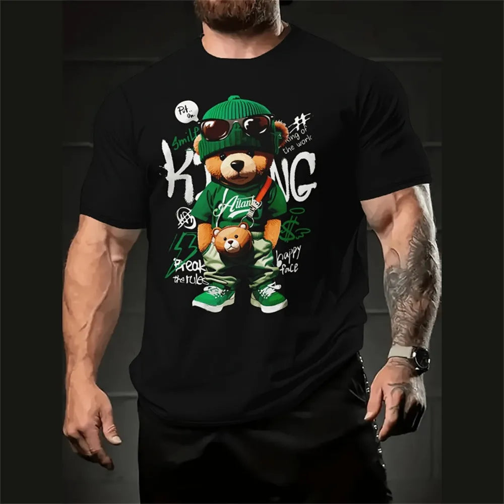Men's casual loose shirt with cartoon 3D print design, short sleeves, pullover style