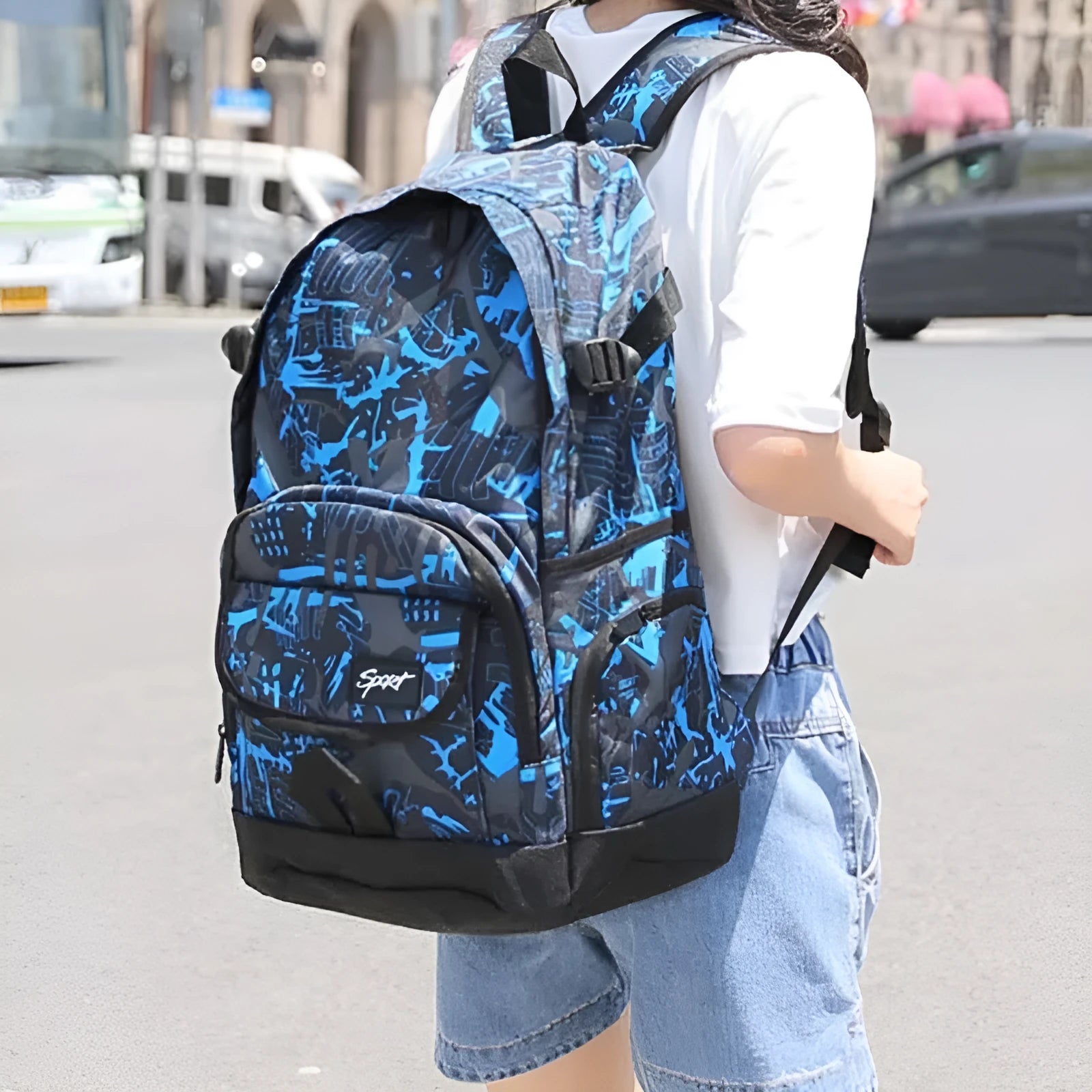 Blue classic nylon large-capacity backpack on a neutral background
