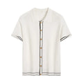 White short sleeve cardigan with contrast lapels in Old Money style made of polyester viscose blend