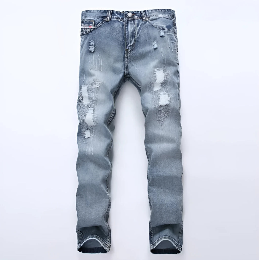 Mens light blue ripped slim fit jeans with distressed denim