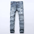 Mens light blue ripped slim fit jeans with distressed denim