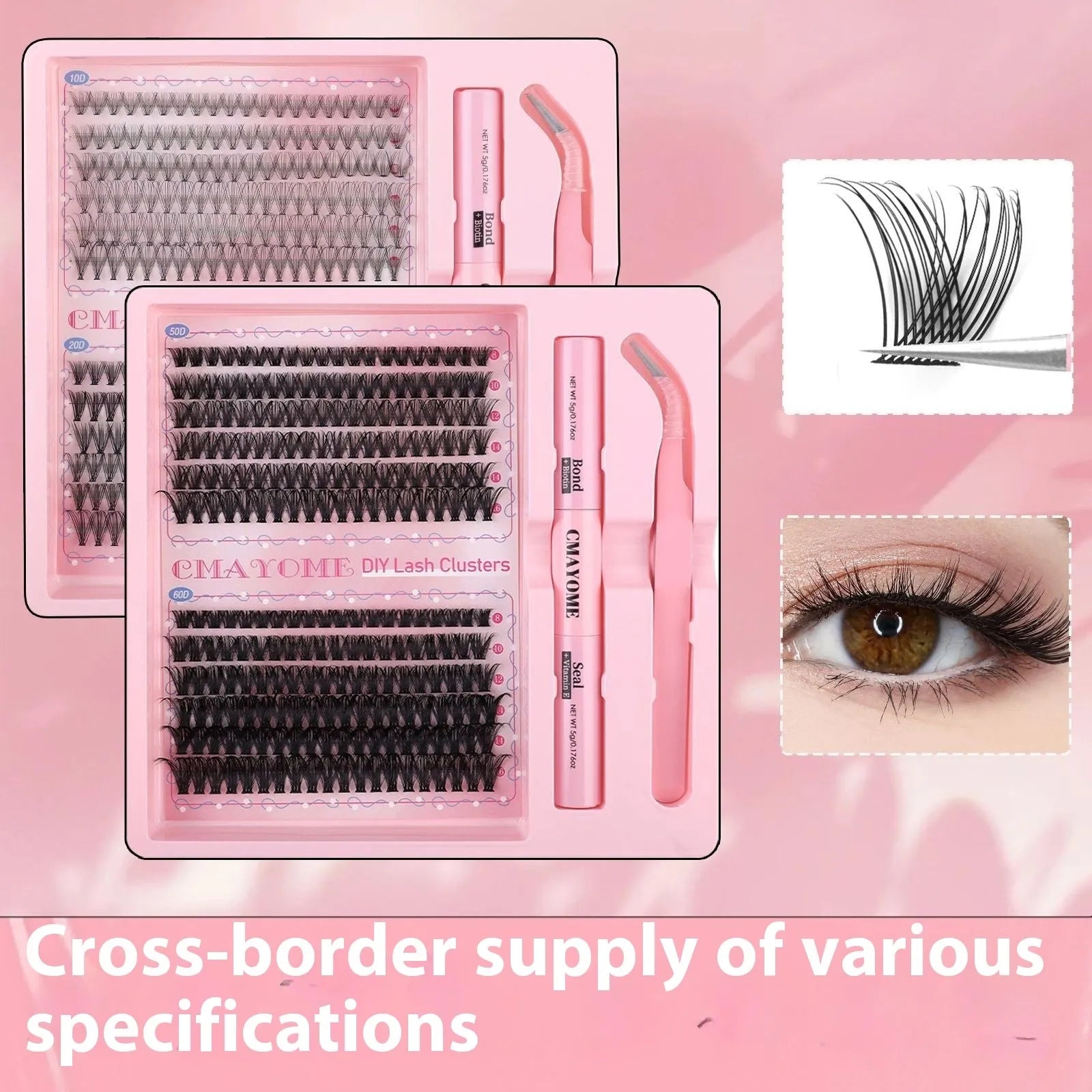 DIY single cluster false eyelashes with artificial fibre construction and applicator tools for custom placement