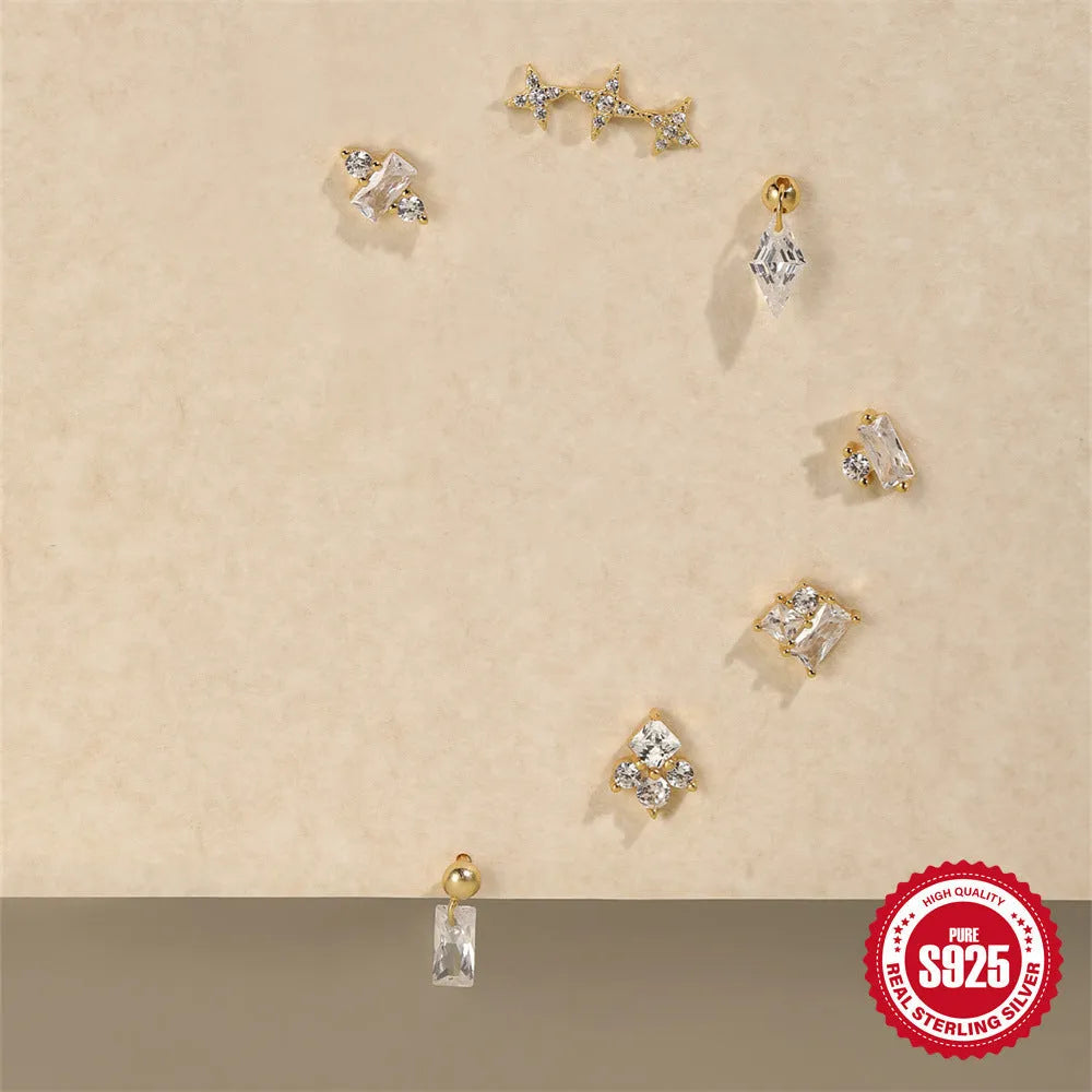 S925 sterling silver flower-shaped stud earrings with square gravel detailing in gold electroplated finish