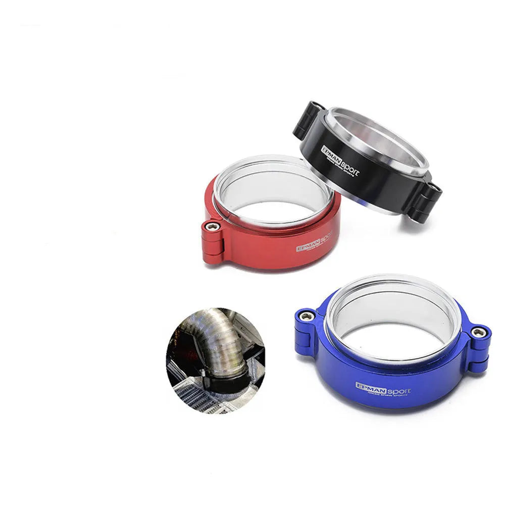 Aluminium fixed movement clamp for turbo exhaust downpipes in black blue red colours