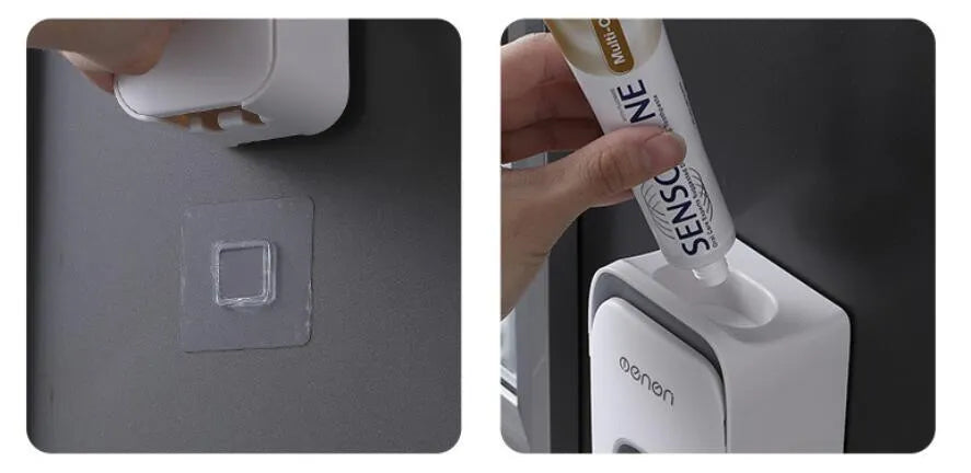Automatic toothpaste dispenser in ABS plastic with suction cup wall mount in blue, grey, and pink colour options